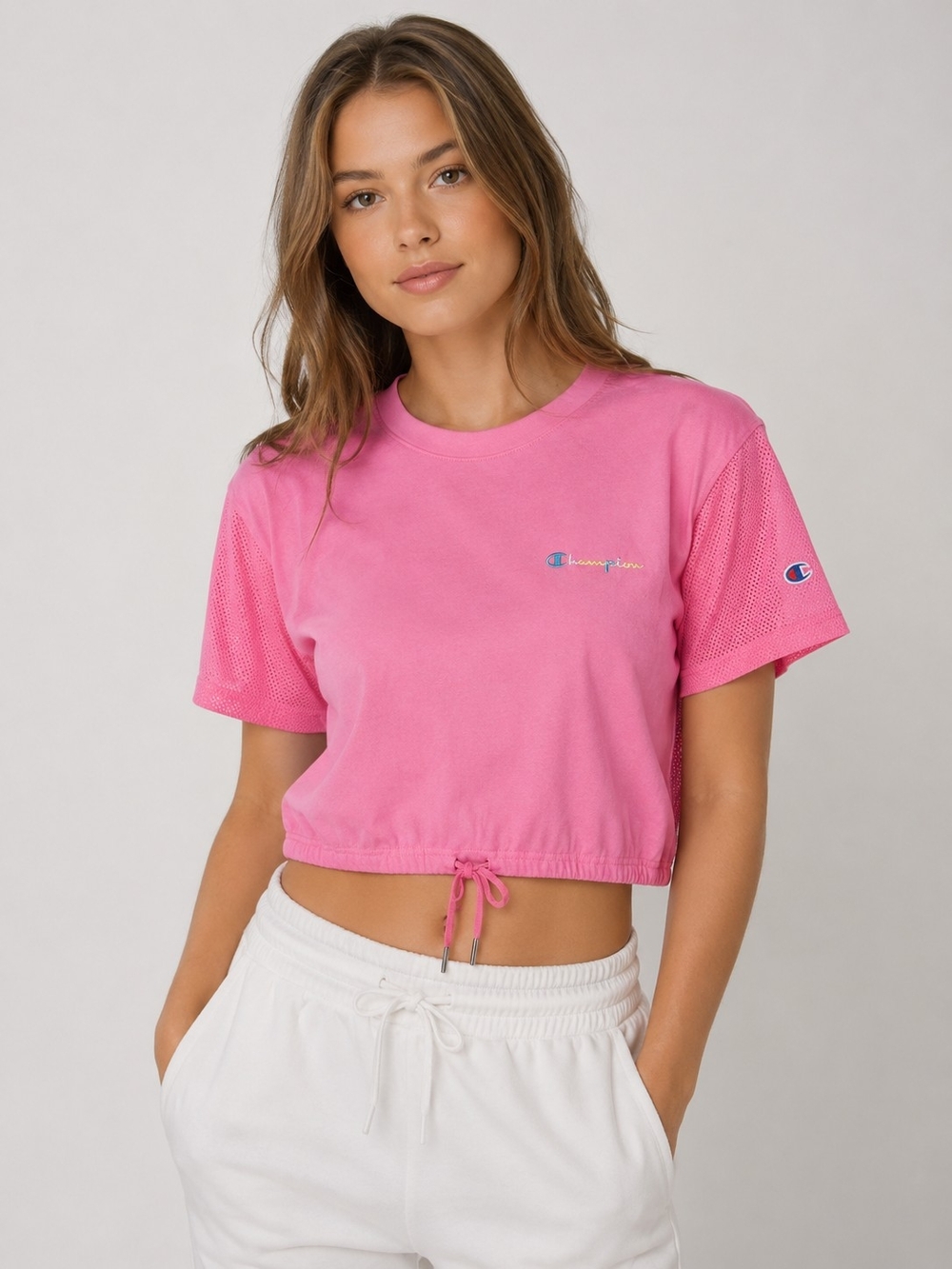 Champion Women’s Watermelon Pink Cropped Drawstring T-Shirt, Size M.